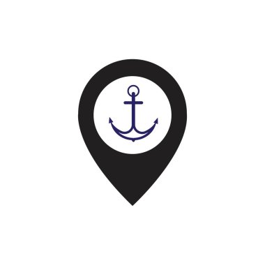 Beyaz vektör çiziminde yalıtılmış herhangi bir tasarım için sembol çapa ve deniz limanı simgesi dijital mor ile harita işaretçisi