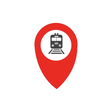 Tren istasyonu haritası pin simgesi. Tren istasyonunun işaret sembolü. Düz dizayn. Stok - Vektör illüstrasyonu