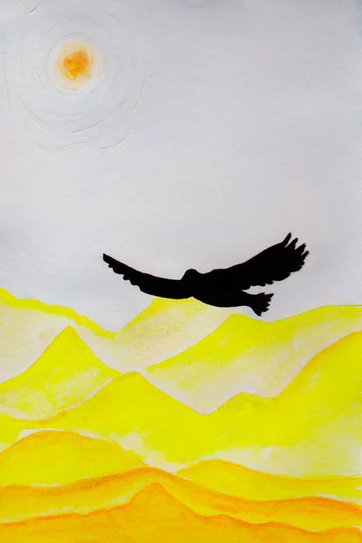 soaring eagle over the desert, sand dunes, sand in the sky under the scorching sun flapping its wings