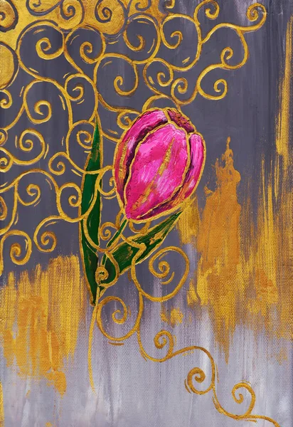 Tulipan Jest Różowy Kwiat Zielonymi Płatkami Łodygi Kwitnie Wiosną Złotą — Zdjęcie stockowe