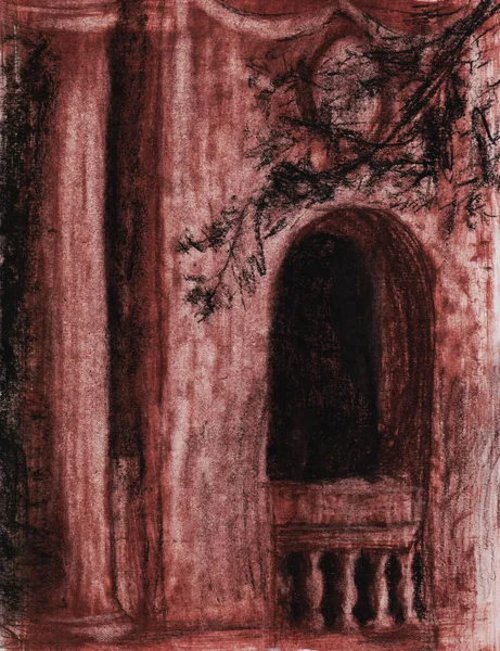 Старий Будинок Готичному Стилі Арками Балконом Колонами Пофарбований Сангвінік Деревне — стокове фото