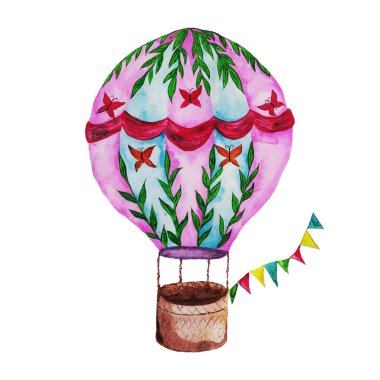 Üzerinde desenler olan pembe bir balon ve bayraklı taçyapraklar ve bulutların arasında uçan kahverengi bir sepet.