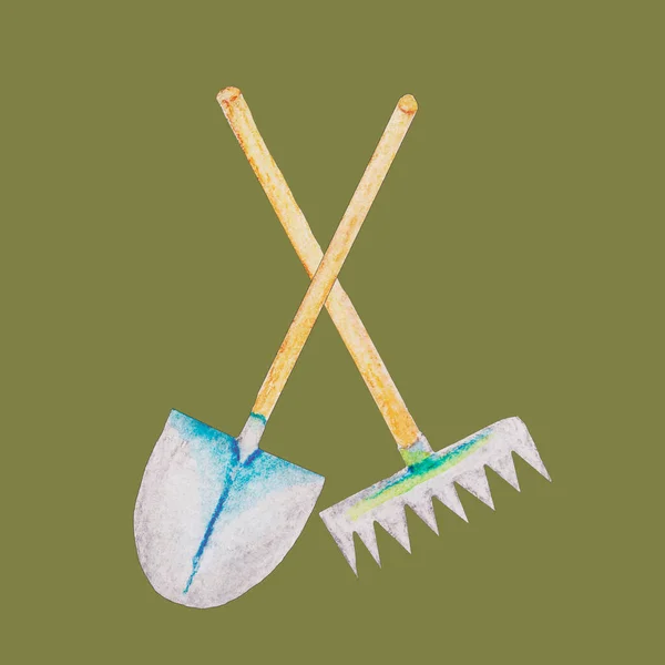 园艺工具 用于种植花园或地块上的土地铲子和耙 金属制 带有木制把手 水彩画 — 图库照片