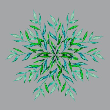 Yeşil yapraklı bir dal, turkuaz, mavi renkli bahar, bir çember şeklinde örülen yaz bitkisi bir yıldız, buket ya da canlı bir çit gibi görünüyor, bir çelenk deseni ya da bir güzellik logosu.,