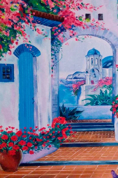 Grecia Pittura Olio Con Archi Colonne Con Paesaggio Greco Fiori — Foto Stock