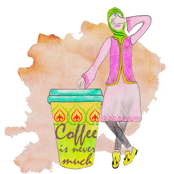 Une Tasse Café Vert Une Femme Musulmane Dans Hijab Rose — Photo