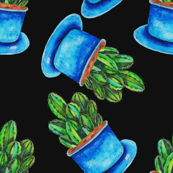 Image Fond Cactus Épines Fleurs Vertes Intérieures Dans Pot Bleu — Photo