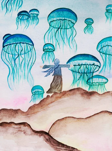 Illustration Fantastic Blue Sea Jellyfish Floating Air Mountains Clouds Muslim — Stockfoto