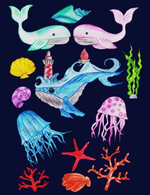 Mavi balina, denizde ya da okyanusta büyük bir balık yaşar, fantastik animasyon, deniz feneri, dalgalar ve deniz anası, denizyıldızı, alg, mercan, kabuk ve yavru balık ve diğer balıklarla dolu bir adanın çocuk çizimi.