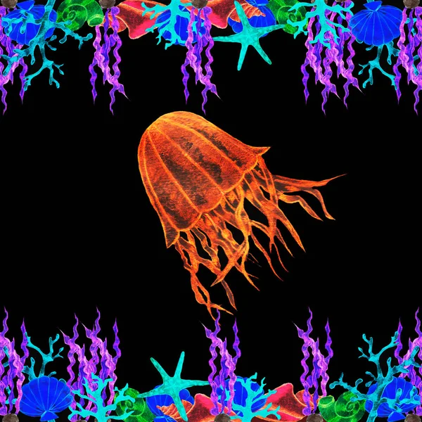 Fire Jellyfish Orange Red Lives Sea Ocean Glows Dark Neon — Stock Photo, Image