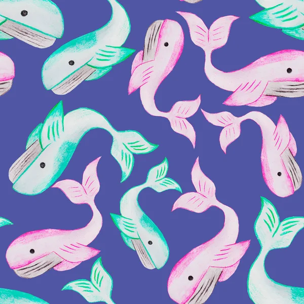 ジンベエザメの女の子と男の子ピンクとターコイズの大きな魚の生活と海と海で泳ぐ子供の絵アニメーションイラスト — ストック写真