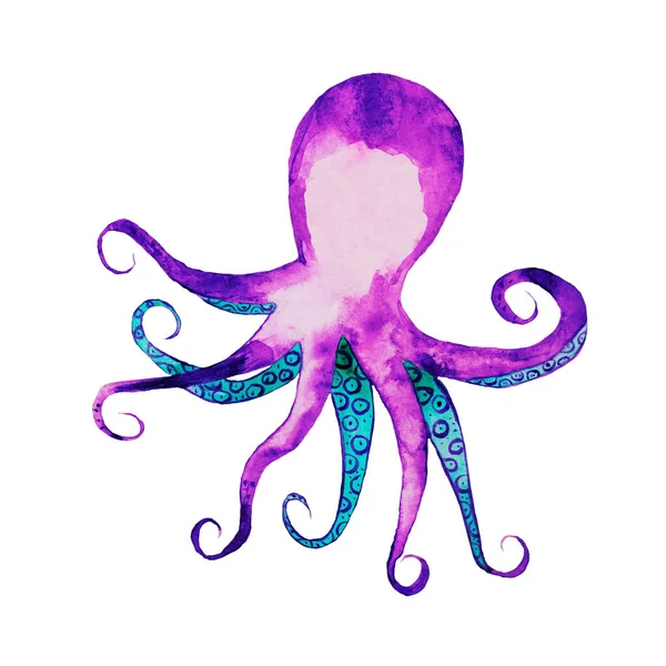 有触角和眼睛的章鱼 就像外星生物 生活在大海中 或是明亮的绿色海洋中 霓虹灯在黑暗和紫色的紫丁香色中发光 — 图库照片