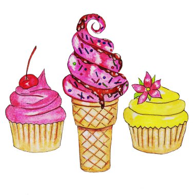 Şekerler, kek, tatlı kekler, meyveli vişneli vanilyalı çilek, lezzetli kurabiye, hamur hamuru, sünger keki ve tatlı krema, doğum günü partisi lolipopları için masa süsü, dondurma.