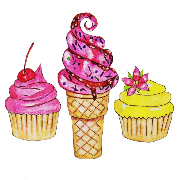 Γλυκά Κέικ Γλυκά Cupcakes Σοκολάτα Φρούτων Φράουλα Κεράσι Βανίλια Νόστιμο — Φωτογραφία Αρχείου