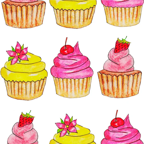 Γλυκό Cupcakes Σοκολάτα Φρούτων Βανίλια Φράουλα Cupcakes Νόστιμο Ψωμί Crumbly — Φωτογραφία Αρχείου
