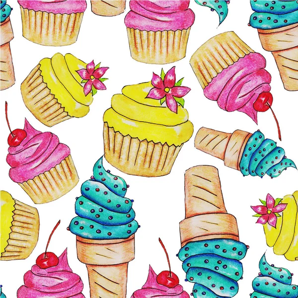 Édességek Torta Édes Cupcakes Gyümölcs Csokoládé Meggy Vanília Eper Finom — Stock Fotó
