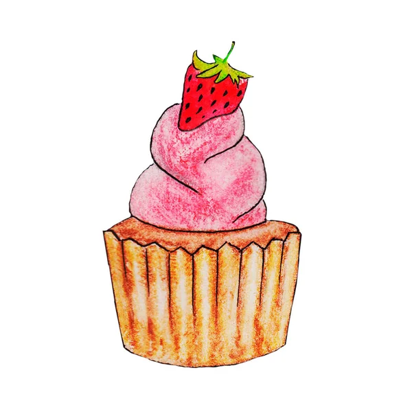 甘いカップケーキ フルーツチョコレートチェリーバニラストロベリーカップケーキ おいしいショートブレッドクラム生地 スポンジケーキ 繊細な甘いクリーム 誕生日パーティーのテーブルデコレーション — ストック写真