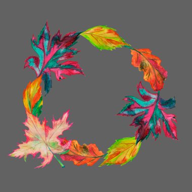 Sonbahar yaprakları, akçaağaç sarısı ve kırmızı, yeşil, mavi dökülen yapraklar, oyulmuş suluboya desenleri