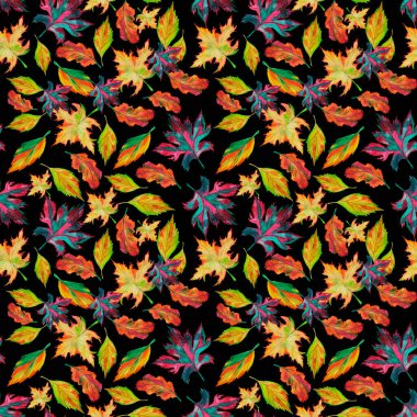 Sonbahar yaprakları, akçaağaç sarısı ve kırmızı, yeşil, mavi dökülen yapraklar, oyulmuş suluboya desenleri