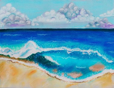Deniz kabuğu, deniz köpüğüyle dalga, ufukta mavi deniz, gökyüzünde kabarık bulutlar, kumlu sahil, kuru pastel.