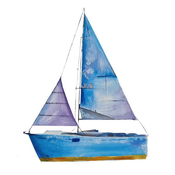 Яхта Спокойная Картина Маслом Нежных Пастельных Тонах Лилака Голубая Небо — стоковое фото