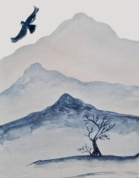 mountains and a soaring,fluttering, flying eagle above them,a sketch of a growing tree in the vicinity.watercolor landscape of blue color, transitions.an image of nature, a symbol of freedom and purit