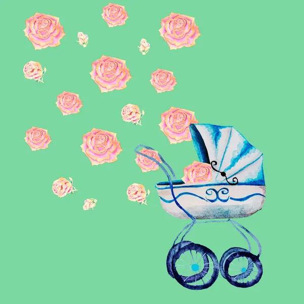 Blauer Kinderwagen Für Einen Jungen Aus Dem Herzen Und Blumen — Stockfoto