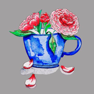 bir mavi kupa, bir bardak, çay için bir fincan çay tabağı, ilkbahar, içinde yeşil saplı kırmızı çiçekler ve yaprakları düşmüş yapraklar