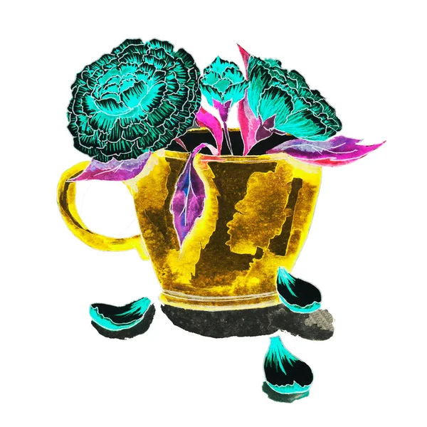 Gelber Becher Glas Tasse Und Untertasse Für Tee Mit Frühling — Stockfoto