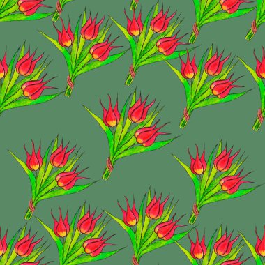 Üç laleden oluşan bir buket bahar çiçeği, kırmızı ve kurdeleli yeşil yapraklar.