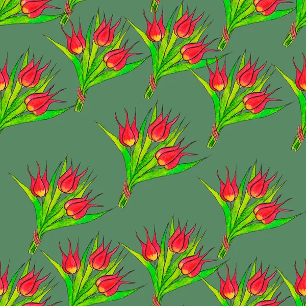 Üç laleden oluşan bir buket bahar çiçeği, kırmızı ve kurdeleli yeşil yapraklar.