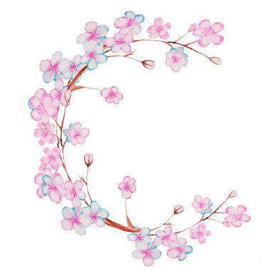 Çiçeklerle çevrili bir dalda çiçek açan, baharda açan ağaç, kiraz ya da kiraz desenli, dikişsiz hilal desenli, bahar, yaz çiçekli çiçek desenli