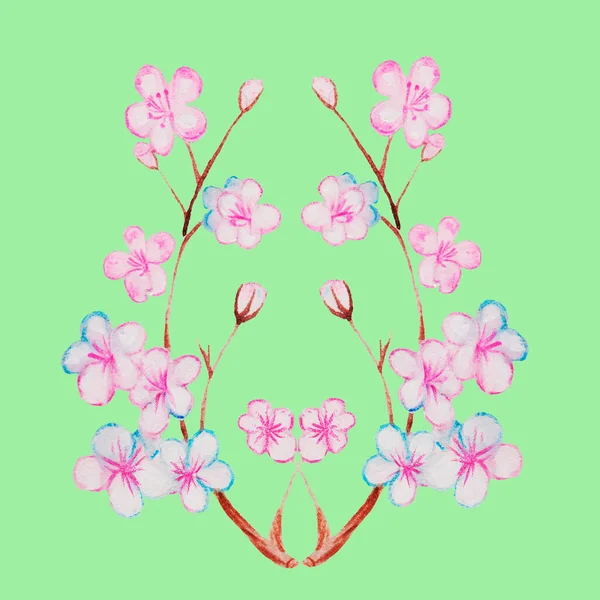 에둘러 가지에 솔방울이나 꽃무늬가없는 초승달 모양으로 벚꽃이나 벚꽃이 — 스톡 사진