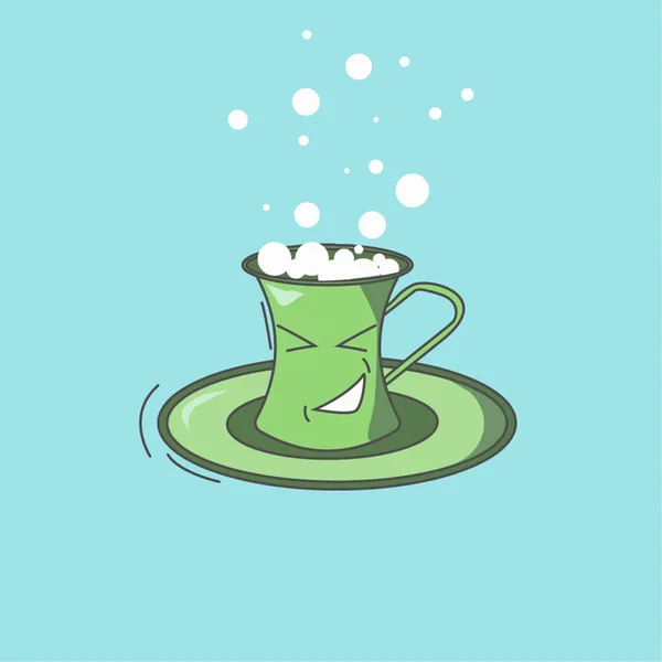 animation, illustration a lively and cheerful mug of tea with a saucer and a handle, pink and green color playfully blows bubbles, smiles