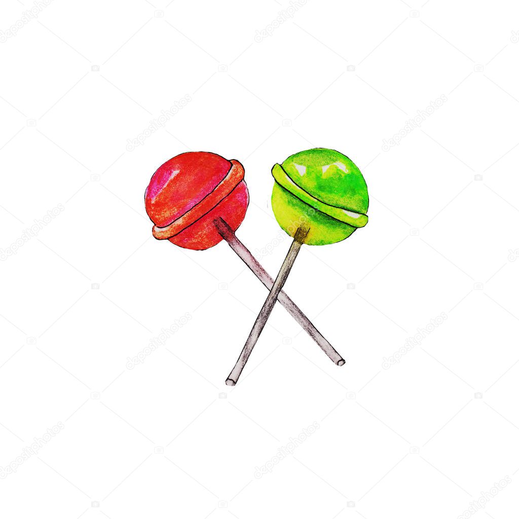 sweets, caramel chupa chups on a stick of red and green color, a bright print in a wrapper and chocolate candies with waffle crumbs