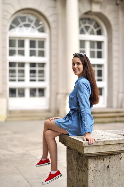 Una Chica Sienta Dar Paseo Junto Hermoso Castillo Histórico — Foto de Stock