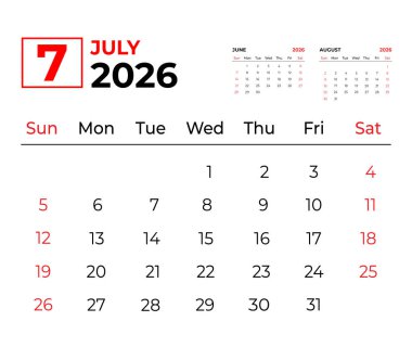 July 2026 Three-Month Planner with Minimal Red and Black Design