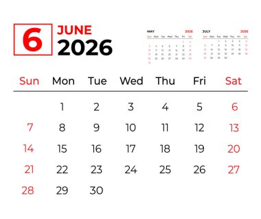 June 2026 Three-Month Planner with Minimal Red and Black Design