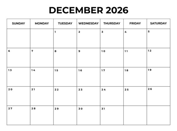 December 2026 Monthly Calendar design with Notes and week starts from sunday