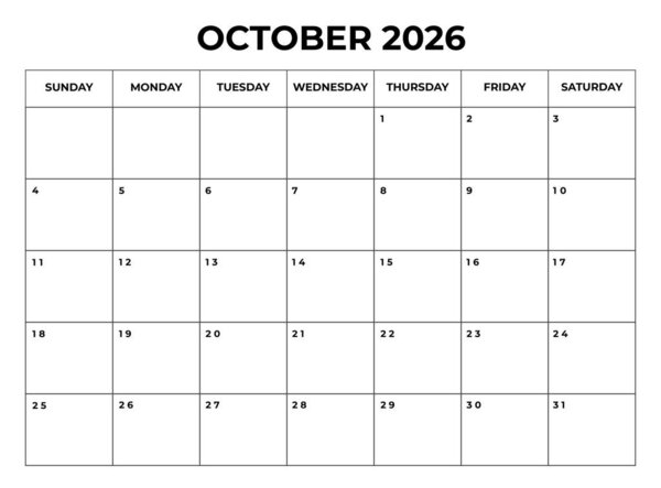 October 2026 Monthly Calendar design with Notes and week starts from sunday