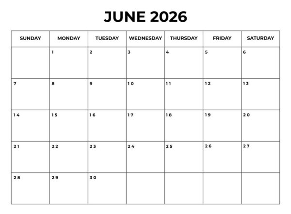 June 2026 Monthly Calendar design with Notes and week starts from sunday