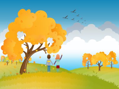 Autumn landscape a boy and a girl under the tree escorted birds clipart
