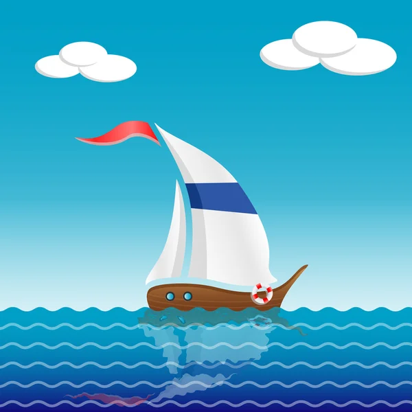 Yacht a vela con bandiera rossa sulla superficie delle onde. Colore di sfondo — Vettoriale Stock