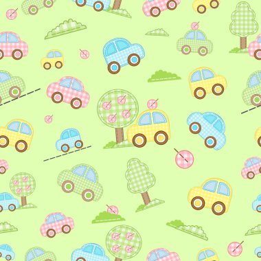 Çocuklar araba ve ağaçlar üzerinde yeşil bir arka plan ile seamless modeli.