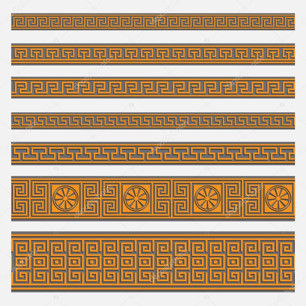 Greek seamless patterns, textures, orange on a gray background.