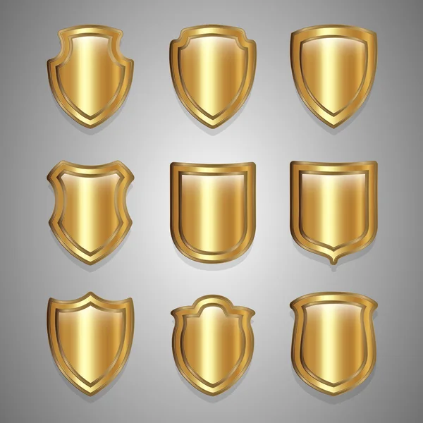 Golden shield set with various shapes. Vector Illustration. — Stock Vector