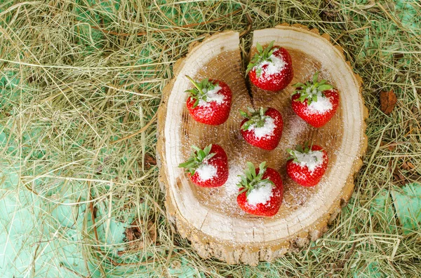 Strawberries on the stump, sprinkled with sugar. — Stock Photo, Image