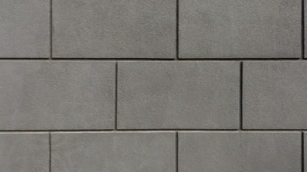 Abstraktní cihlová zeď s šedými cihlovými bloky pozadí nebo textury. Ruka drží. Twitchi. Detailní záběr. — Stock video