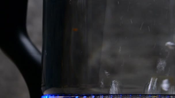 Acqua di ricerca con bollicine in vetro trasparente bollitore elettrico su sfondo scuro. Primo piano. — Video Stock