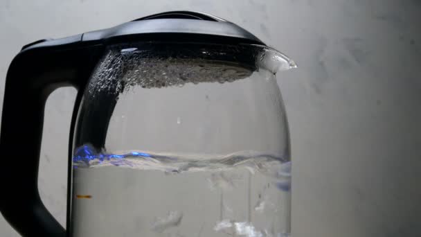 Vřící voda s bublinkami vře v průhledné skleněné varné konvici na světlém pozadí. Detailní záběr. — Stock video